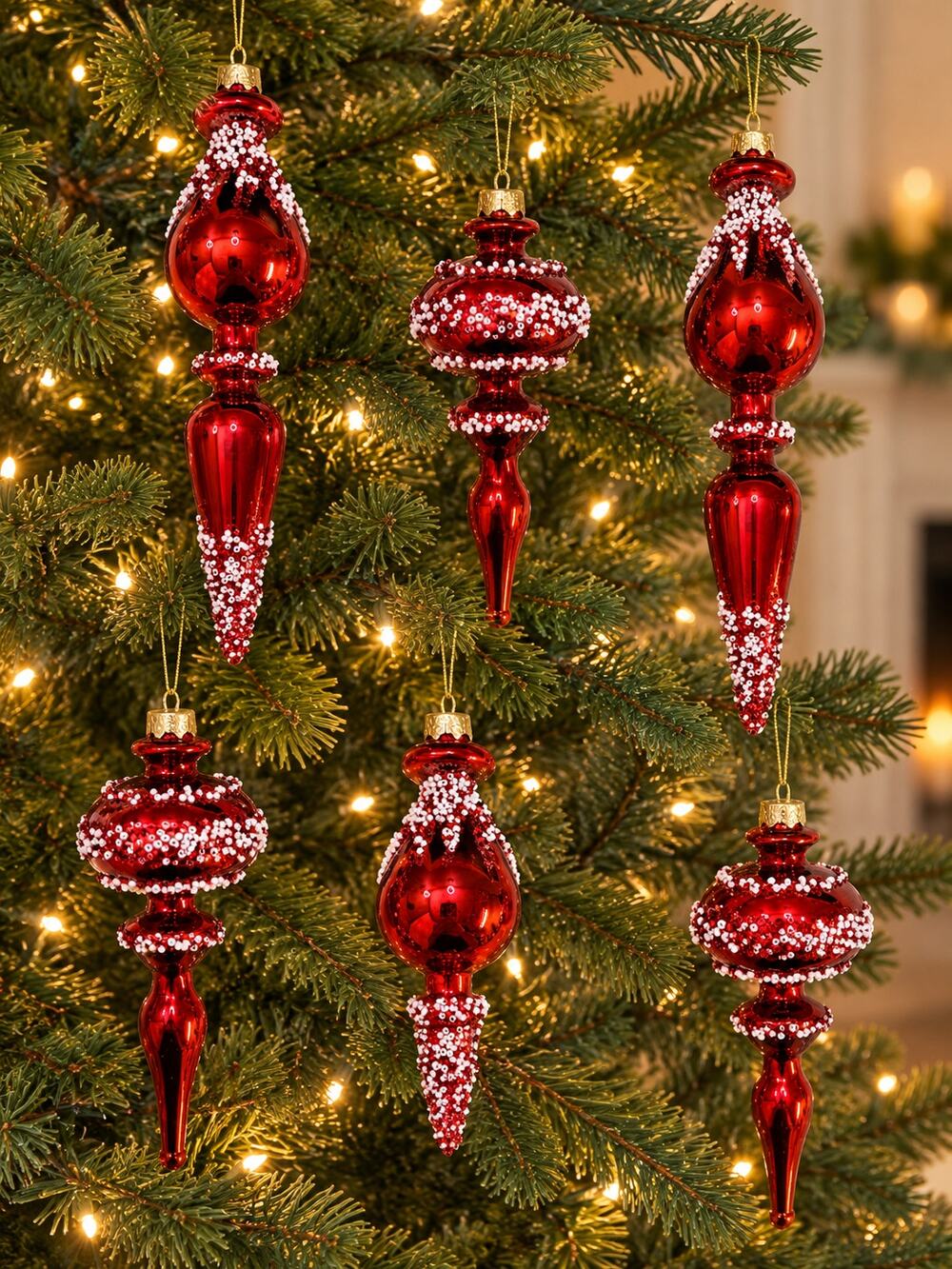 6 Red Glass Finial Christmas Ornaments Nordic Frost Beaded Tree Decor